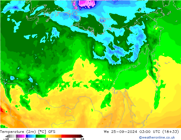 température (2m) GFS mer 25.09.2024 03 UTC