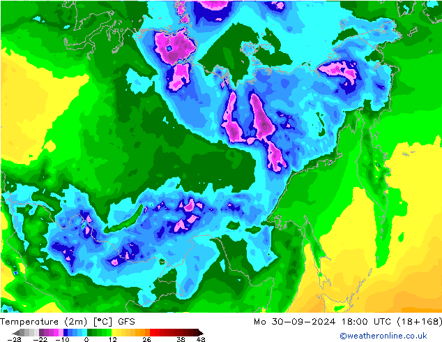 Temperatuurkaart (2m) GFS ma 30.09.2024 18 UTC