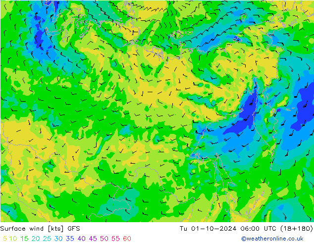 wiatr 10 m GFS wto. 01.10.2024 06 UTC