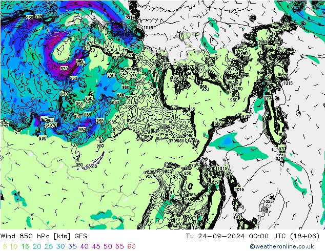 Wind 850 hPa GFS Út 24.09.2024 00 UTC