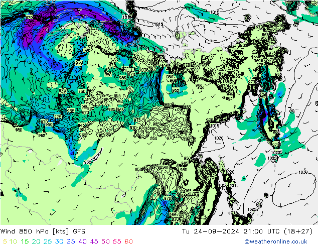 Wind 850 hPa GFS Tu 24.09.2024 21 UTC