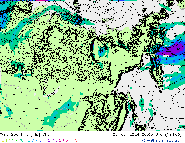 Wind 850 hPa GFS Th 26.09.2024 06 UTC