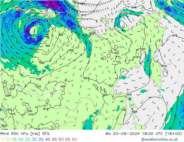 Wind 950 hPa GFS Mo 23.09.2024 18 UTC