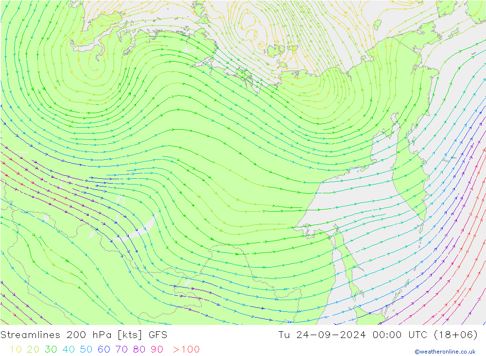 Streamlines 200 hPa GFS Tu 24.09.2024 00 UTC