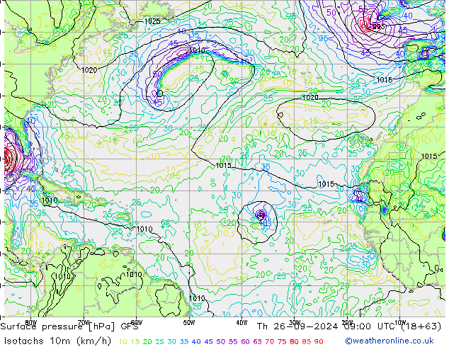 Isotachs (kph) GFS Th 26.09.2024 09 UTC