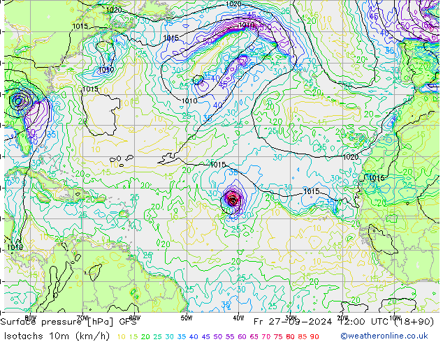 Isotachs (kph) GFS пт 27.09.2024 12 UTC