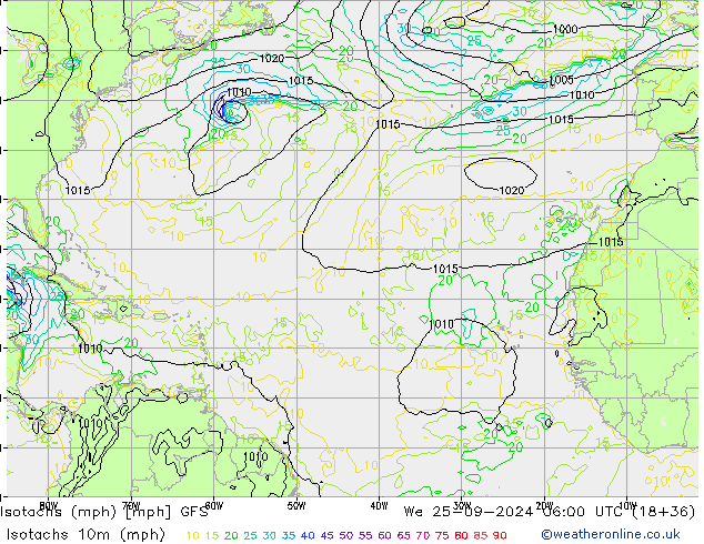 Eşrüzgar Hızları mph GFS Çar 25.09.2024 06 UTC