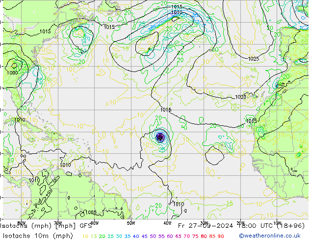 Isotaca (mph) GFS vie 27.09.2024 18 UTC