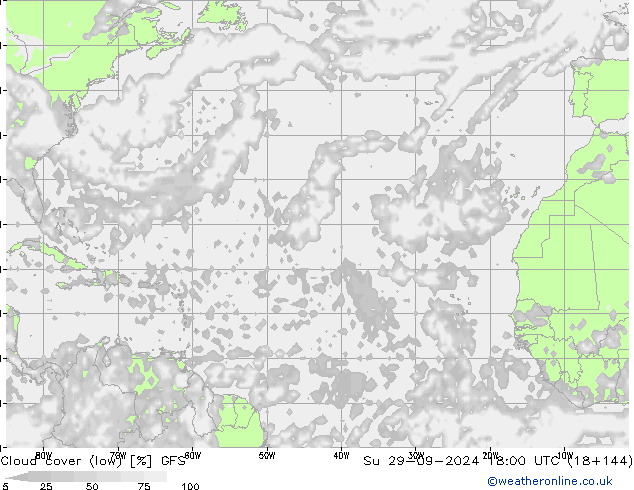 Cloud cover (low) GFS Su 29.09.2024 18 UTC