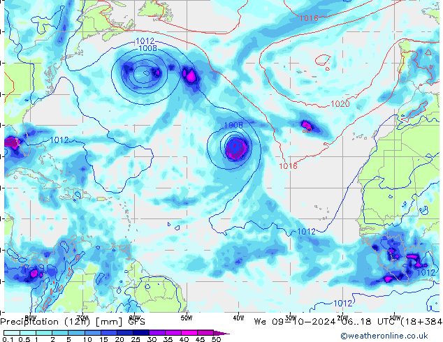 Precipitación (12h) GFS mié 09.10.2024 18 UTC