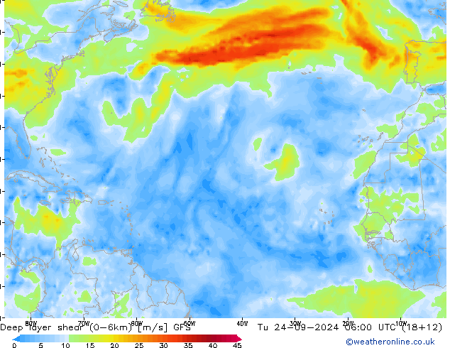 Deep layer shear (0-6km) GFS mar 24.09.2024 06 UTC