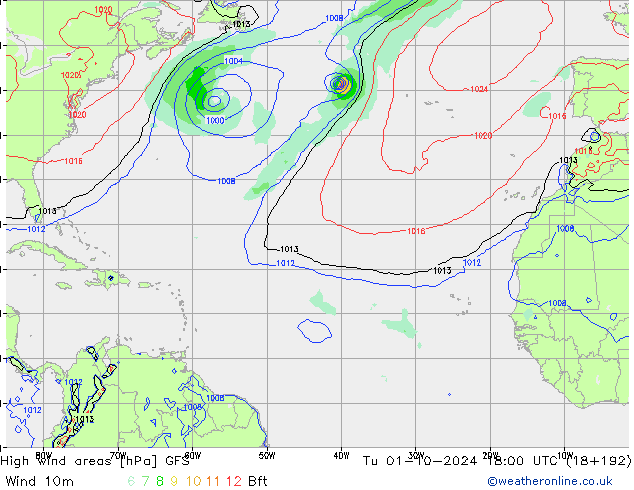 yüksek rüzgarlı alanlar GFS Sa 01.10.2024 18 UTC