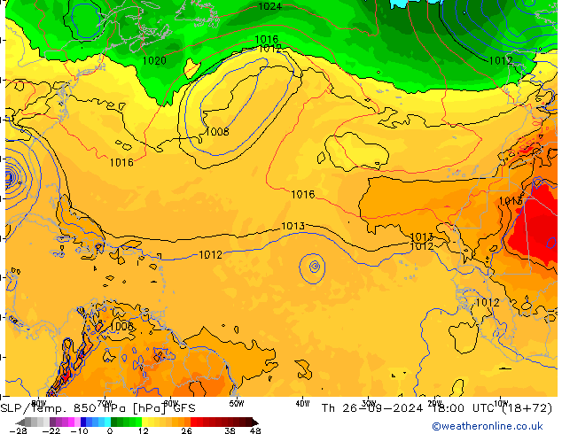 SLP/Temp. 850 hPa GFS jeu 26.09.2024 18 UTC