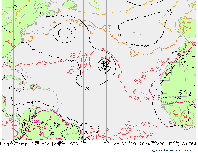 Hoogte/Temp. 925 hPa GFS wo 09.10.2024 18 UTC