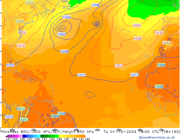 Thck 850-1000 hPa GFS Tu 01.10.2024 18 UTC