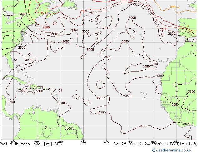 Wet bulb zero level GFS Sa 28.09.2024 06 UTC