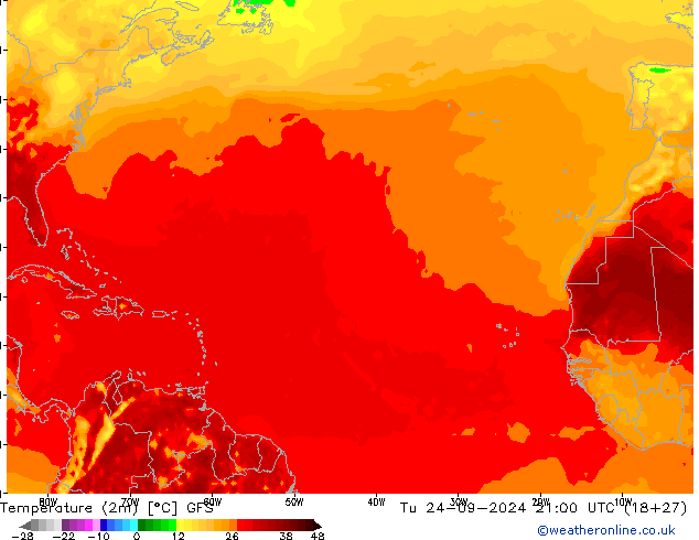 Temperatuurkaart (2m) GFS di 24.09.2024 21 UTC