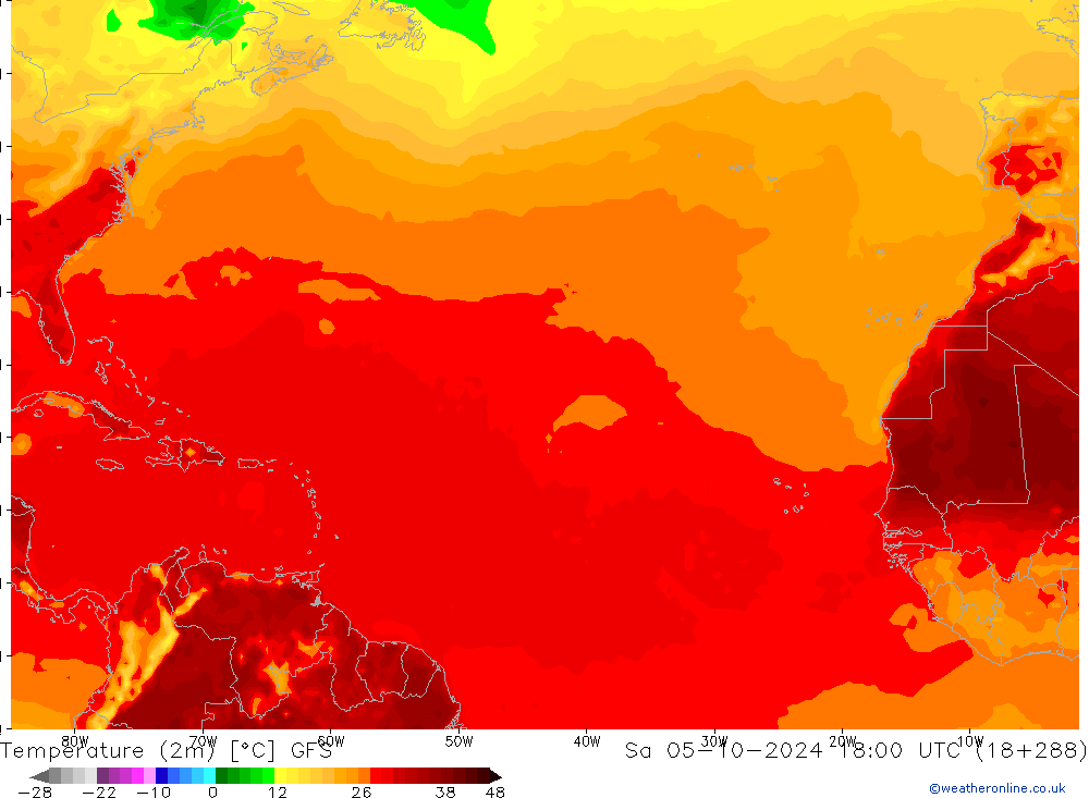 Temperature (2m) GFS Sa 05.10.2024 18 UTC