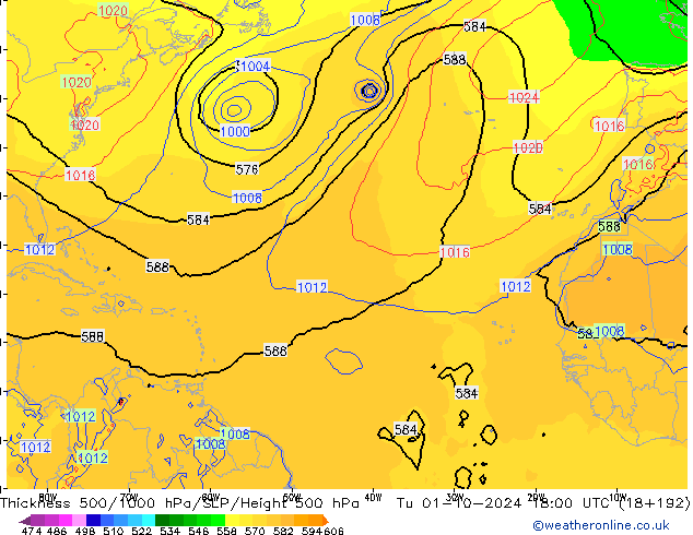 Schichtdicke 500-1000 hPa GFS Di 01.10.2024 18 UTC