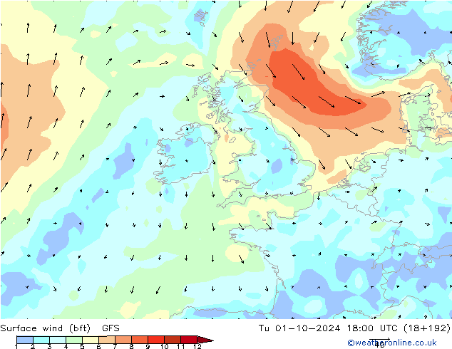 Viento 10 m (bft) GFS mar 01.10.2024 18 UTC