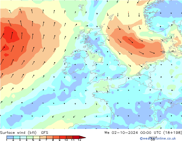 Vent 10 m (bft) GFS mer 02.10.2024 00 UTC