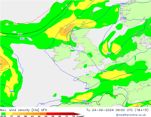 Max. wind velocity GFS Út 24.09.2024 09 UTC