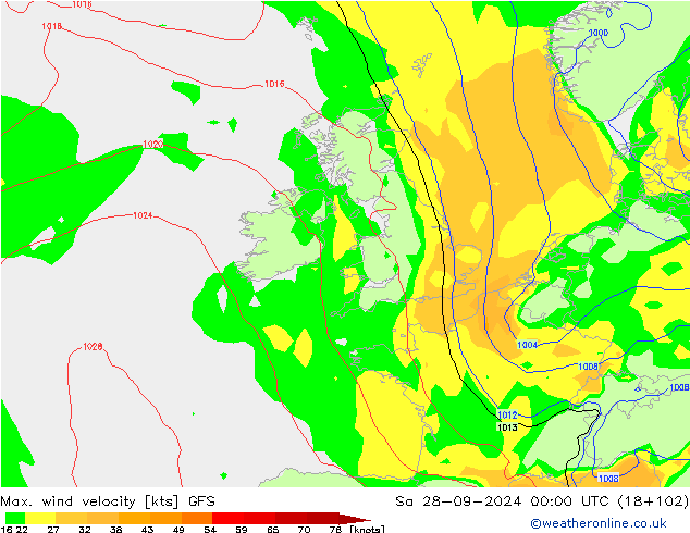 Max. wind velocity GFS So 28.09.2024 00 UTC