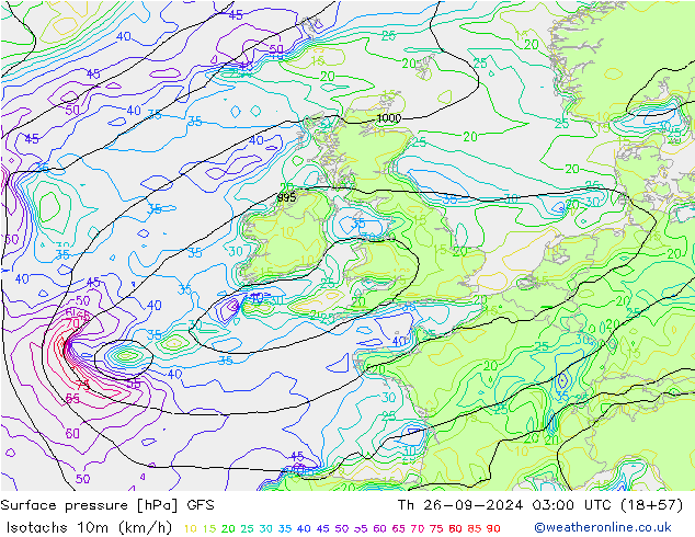 Isotachs (kph) GFS  26.09.2024 03 UTC