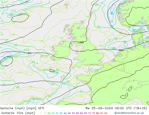 Isotachs (mph) GFS mer 25.09.2024 06 UTC