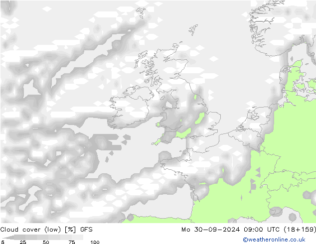 Cloud cover (low) GFS Mo 30.09.2024 09 UTC