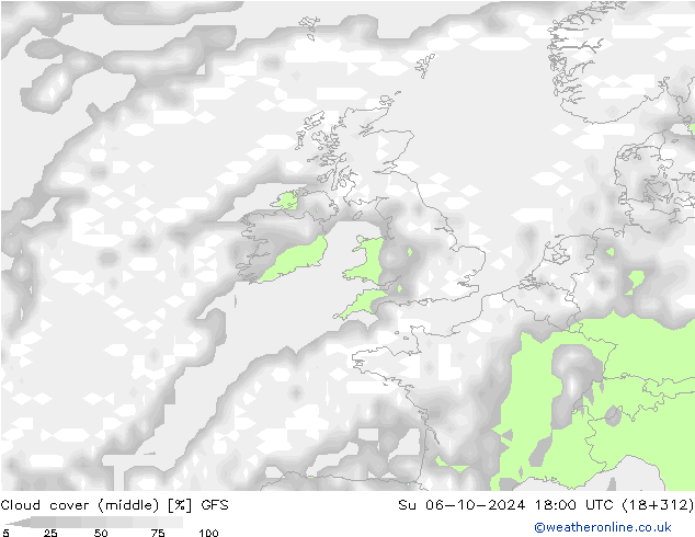 Cloud cover (middle) GFS Su 06.10.2024 18 UTC