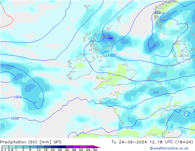 Precipitation (6h) GFS Út 24.09.2024 18 UTC