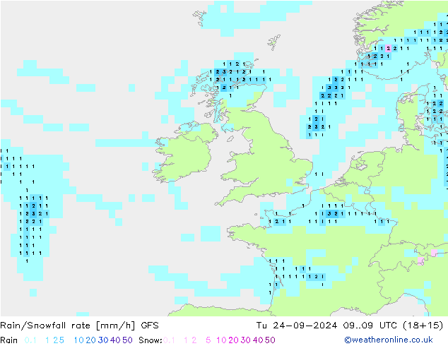 Rain/Snowfall rate GFS mar 24.09.2024 09 UTC