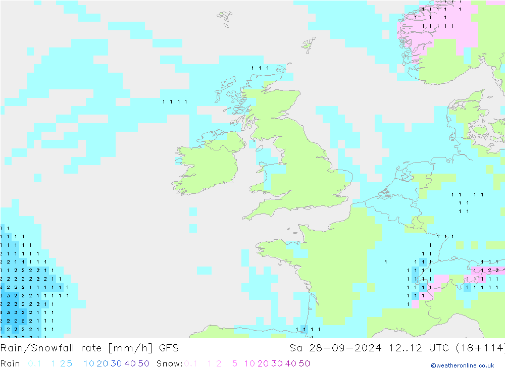 Rain/Snowfall rate GFS sam 28.09.2024 12 UTC