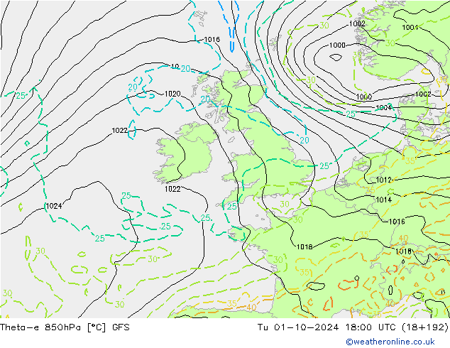 Theta-e 850hPa GFS Ter 01.10.2024 18 UTC