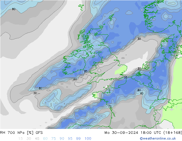 RH 700 hPa GFS pon. 30.09.2024 18 UTC