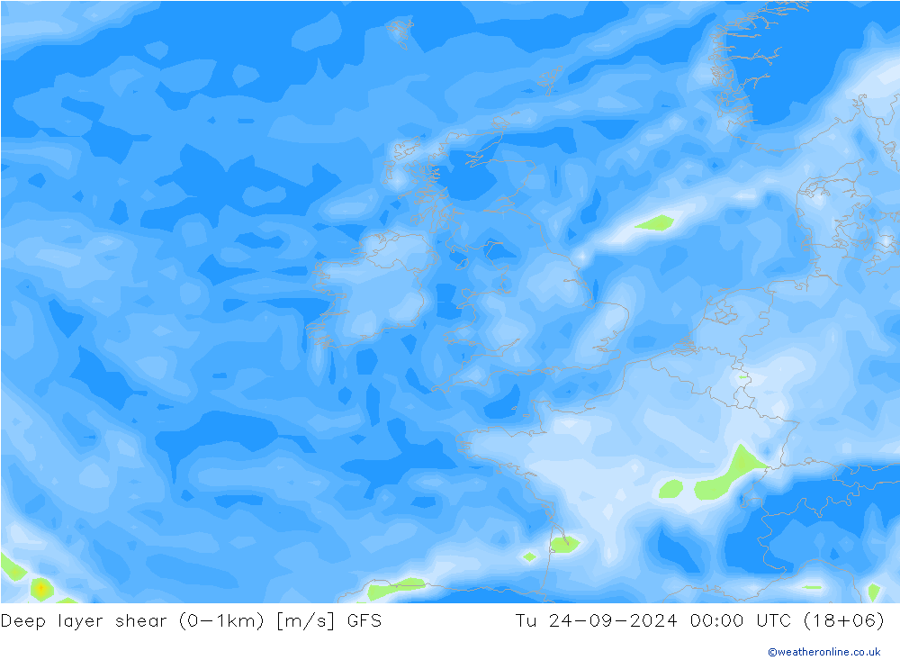 Deep layer shear (0-1km) GFS di 24.09.2024 00 UTC