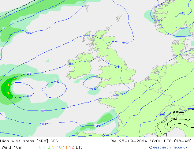 High wind areas GFS We 25.09.2024 18 UTC