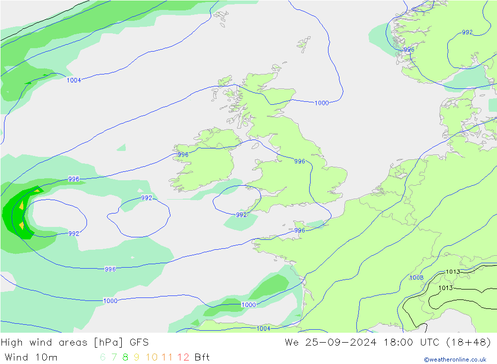 High wind areas GFS Qua 25.09.2024 18 UTC