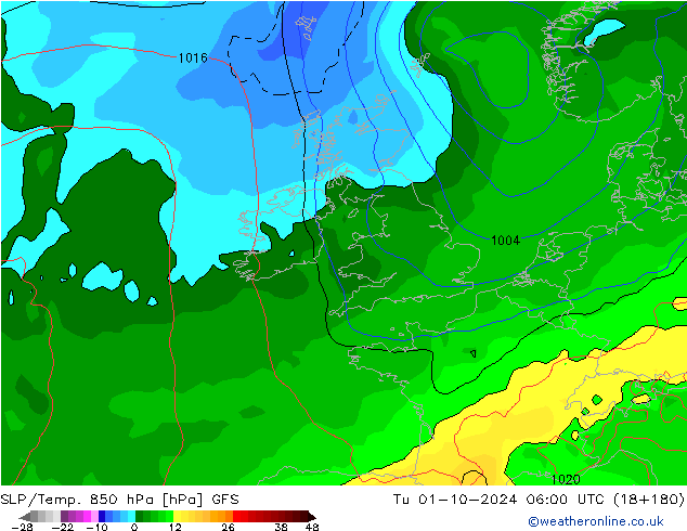 SLP/Temp. 850 hPa GFS Tu 01.10.2024 06 UTC