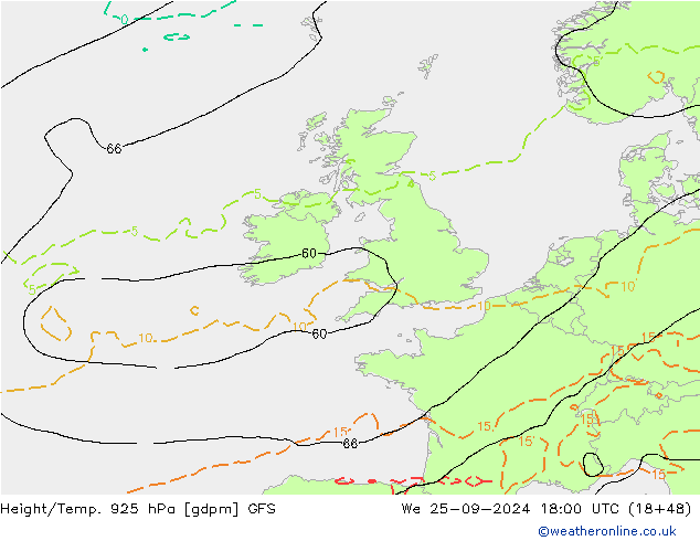 Height/Temp. 925 hPa GFS śro. 25.09.2024 18 UTC