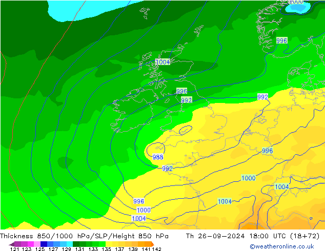 Dikte 850-1000 hPa GFS do 26.09.2024 18 UTC