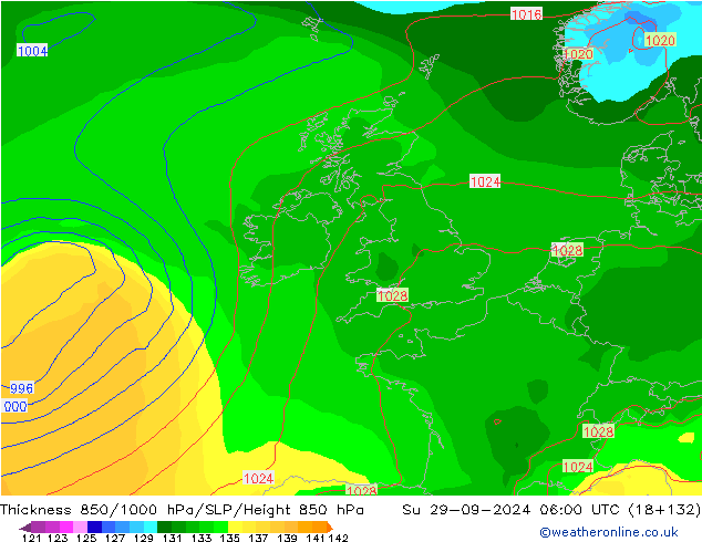 Thck 850-1000 hPa GFS dom 29.09.2024 06 UTC