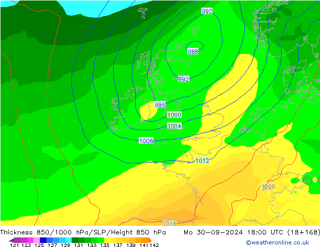 Thck 850-1000 hPa GFS Po 30.09.2024 18 UTC