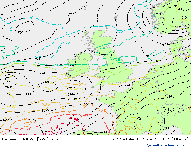 Theta-e 700hPa GFS We 25.09.2024 09 UTC