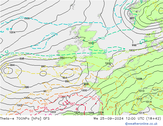 Theta-e 700hPa GFS Qua 25.09.2024 12 UTC