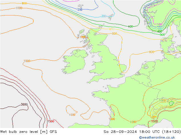 Wet bulb zero level GFS  28.09.2024 18 UTC