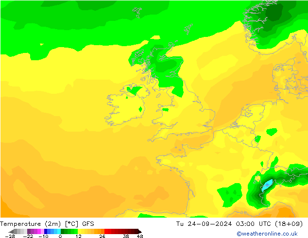 température (2m) GFS mar 24.09.2024 03 UTC