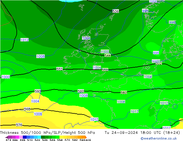 Thck 500-1000hPa GFS mar 24.09.2024 18 UTC