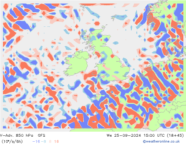 V-Adv. 850 hPa GFS śro. 25.09.2024 15 UTC